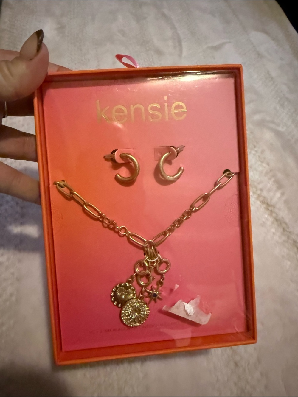 kensie Gold Charm Necklace with Matching Hoop Earrings - Gold